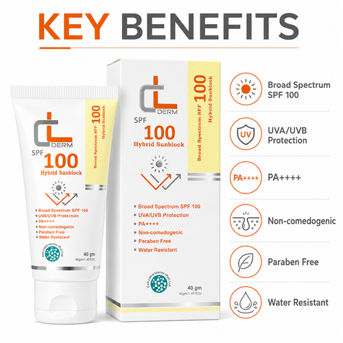 CL Derm SPF 100 Hybrid Sunblock – 40g | Broad Spectrum UVA/UVB Protection | PA++++ | Paraben Free