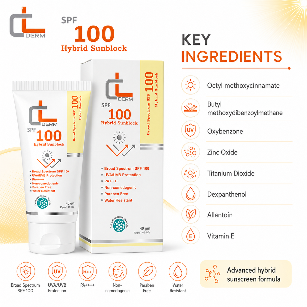 CL Derm SPF 100 Hybrid Sunblock – 40g | Broad Spectrum UVA/UVB Protection | PA++++ | Paraben Free