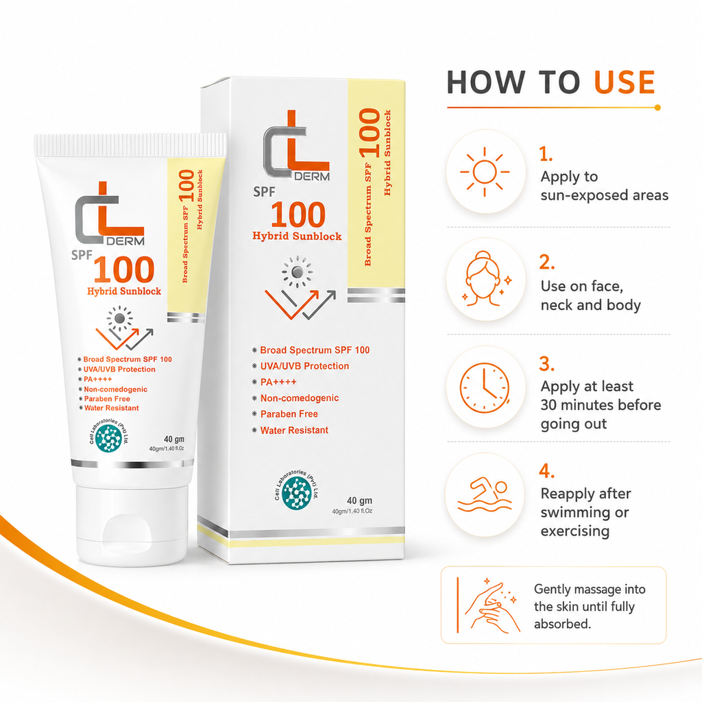CL Derm SPF 100 Hybrid Sunblock – 40g | Broad Spectrum UVA/UVB Protection | PA++++ | Paraben Free