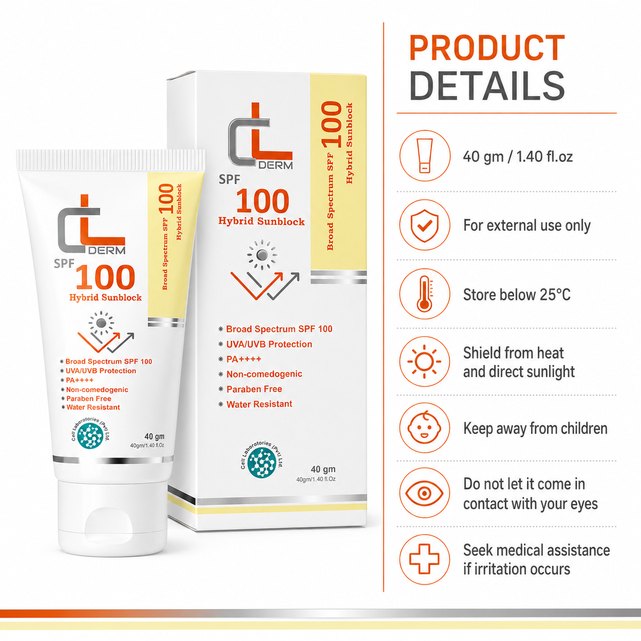 CL Derm SPF 100 Hybrid Sunblock – 40g | Broad Spectrum UVA/UVB Protection | PA++++ | Paraben Free