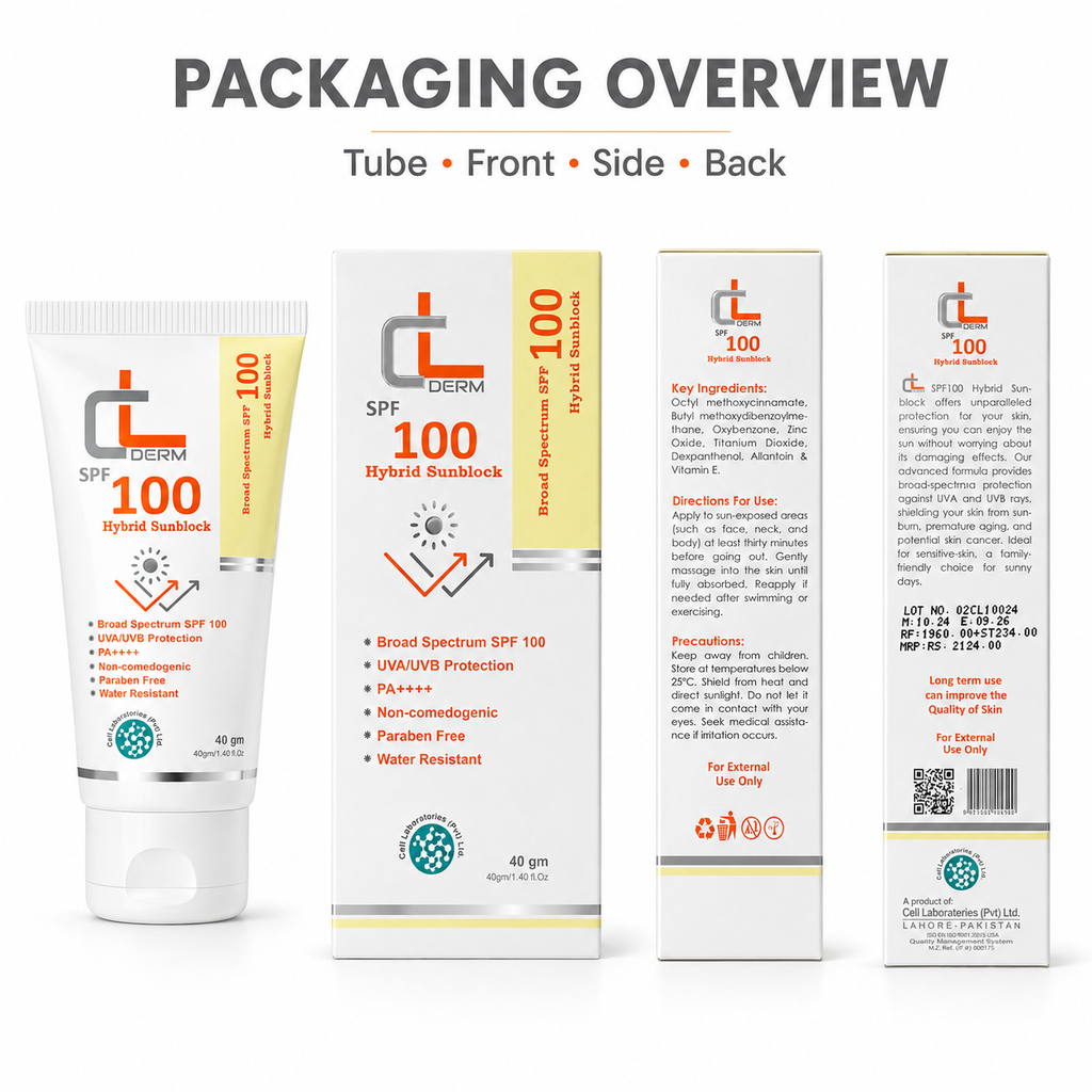 CL Derm SPF 100 Hybrid Sunblock – 40g | Broad Spectrum UVA/UVB Protection | PA++++ | Paraben Free