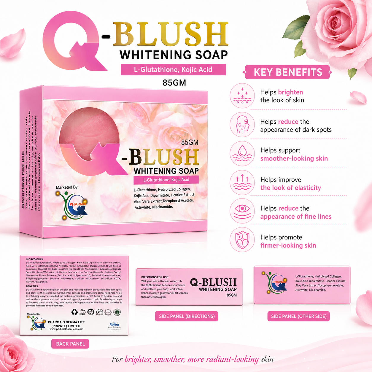 Q-Blush Whitening Soap – 85g | L-Glutathione & Kojic Acid | Skin Brightening & Anti-Pigmentation