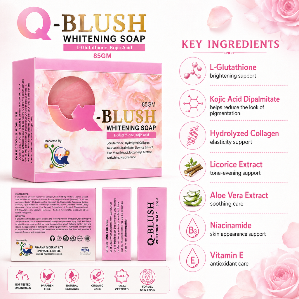 Q-Blush Whitening Soap – 85g | L-Glutathione & Kojic Acid | Skin Brightening & Anti-Pigmentation