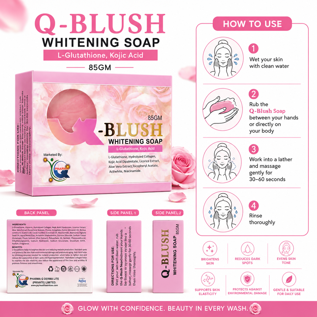 Q-Blush Whitening Soap – 85g | L-Glutathione & Kojic Acid | Skin Brightening & Anti-Pigmentation