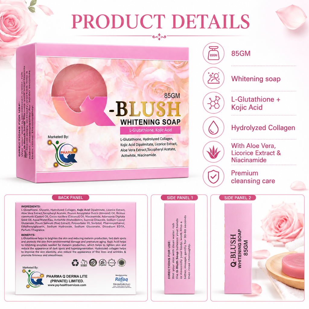 Q-Blush Whitening Soap – 85g | L-Glutathione & Kojic Acid | Skin Brightening & Anti-Pigmentation