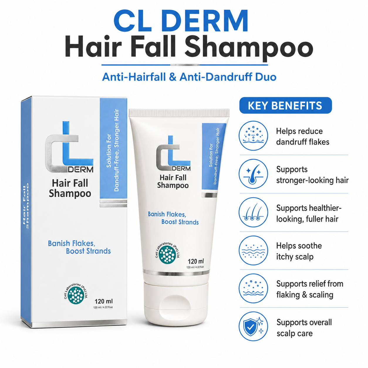 CL Derm Hair Fall Shampoo – 120ml | Anti-Hairfall & Anti-Dandruff | Zinc Pyrithione, Biotin & Onion Extract