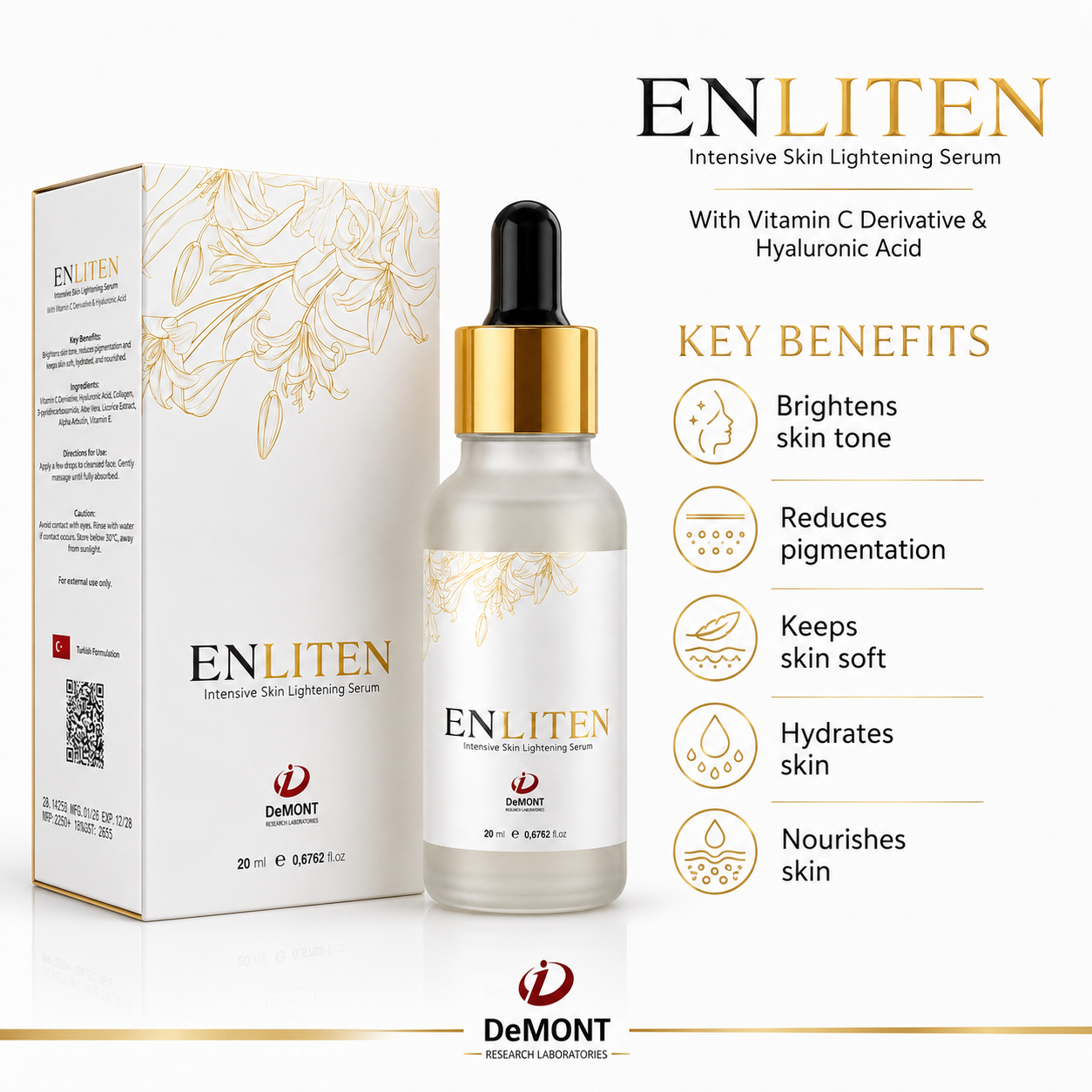 ENLITEN Intensive Skin Lightening Serum – 20ml | Vitamin C Derivative & Hyaluronic Acid | Turkish Formulation