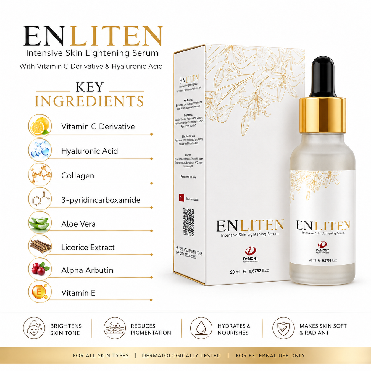ENLITEN Intensive Skin Lightening Serum – 20ml | Vitamin C Derivative & Hyaluronic Acid | Turkish Formulation