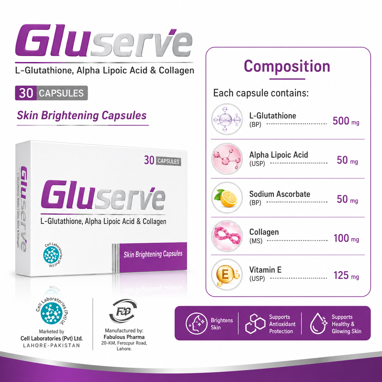 GluServe Skin Brightening Capsules – 30 Capsules | L-Glutathione, Alpha Lipoic Acid & Collagen | Oral Skin Whitening Supplement