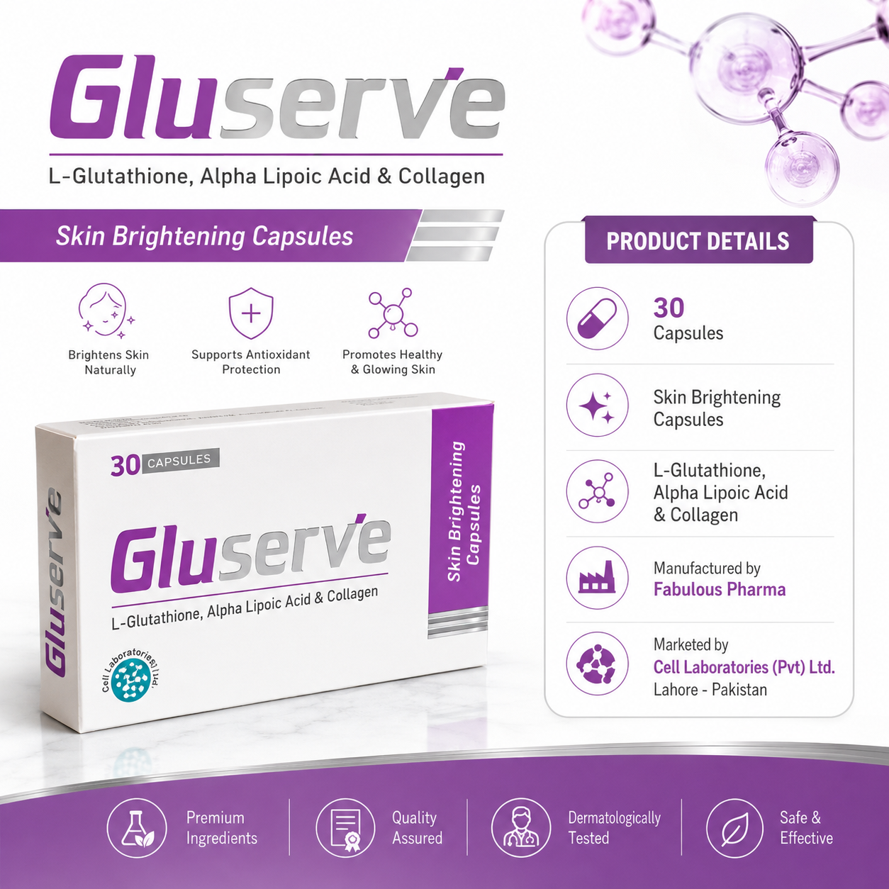 GluServe Skin Brightening Capsules – 30 Capsules | L-Glutathione, Alpha Lipoic Acid & Collagen | Oral Skin Whitening Supplement